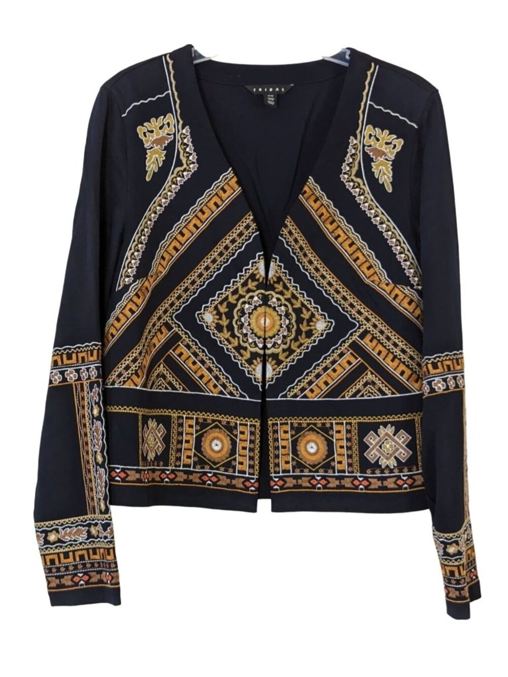 Tribal long sleeve embroidered bohemian gold yellow brown black women Blazer M